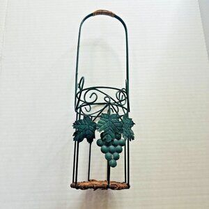 Wine Bottle Holder Grapes Leaves Metal Wicker Pine Green Brown 15” Tall